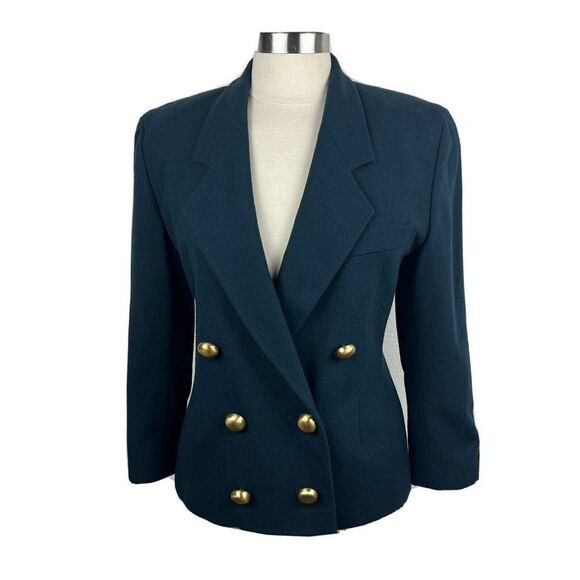 Ellen Tracy Blazer 6 Womens Petite Green Gold Buttons Double Breasted Vintage - Picture 1 of 12